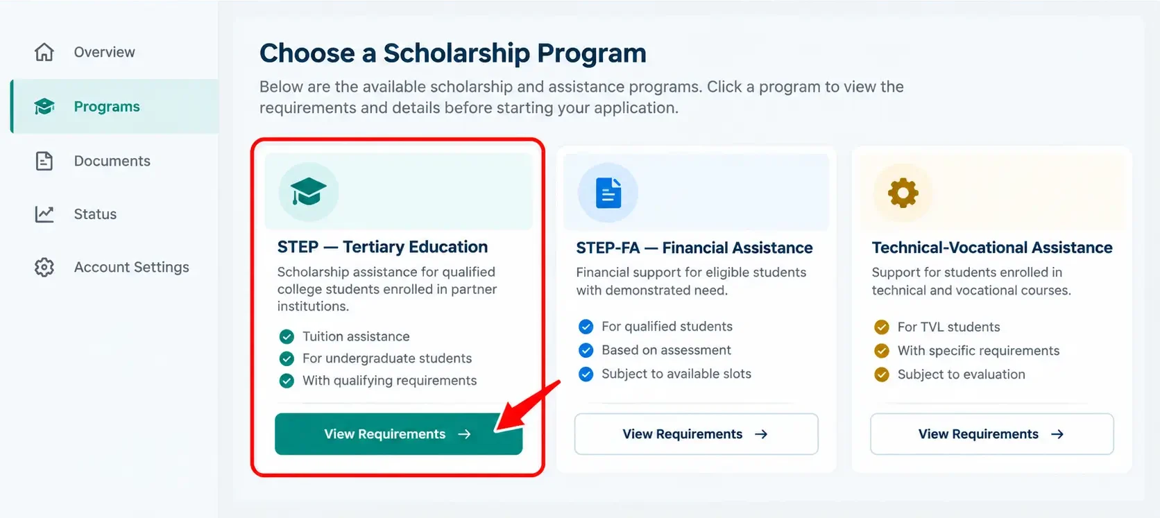 Illustrative scholarship program selection screen