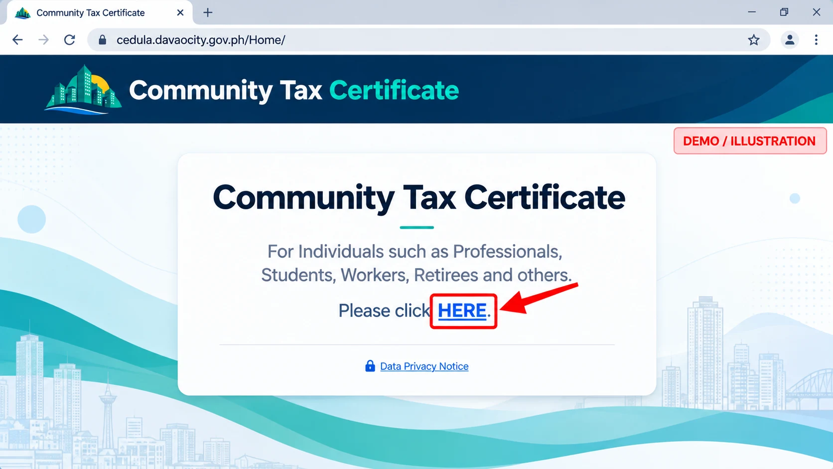 Illustrated Cedula portal landing page showing the individual application link