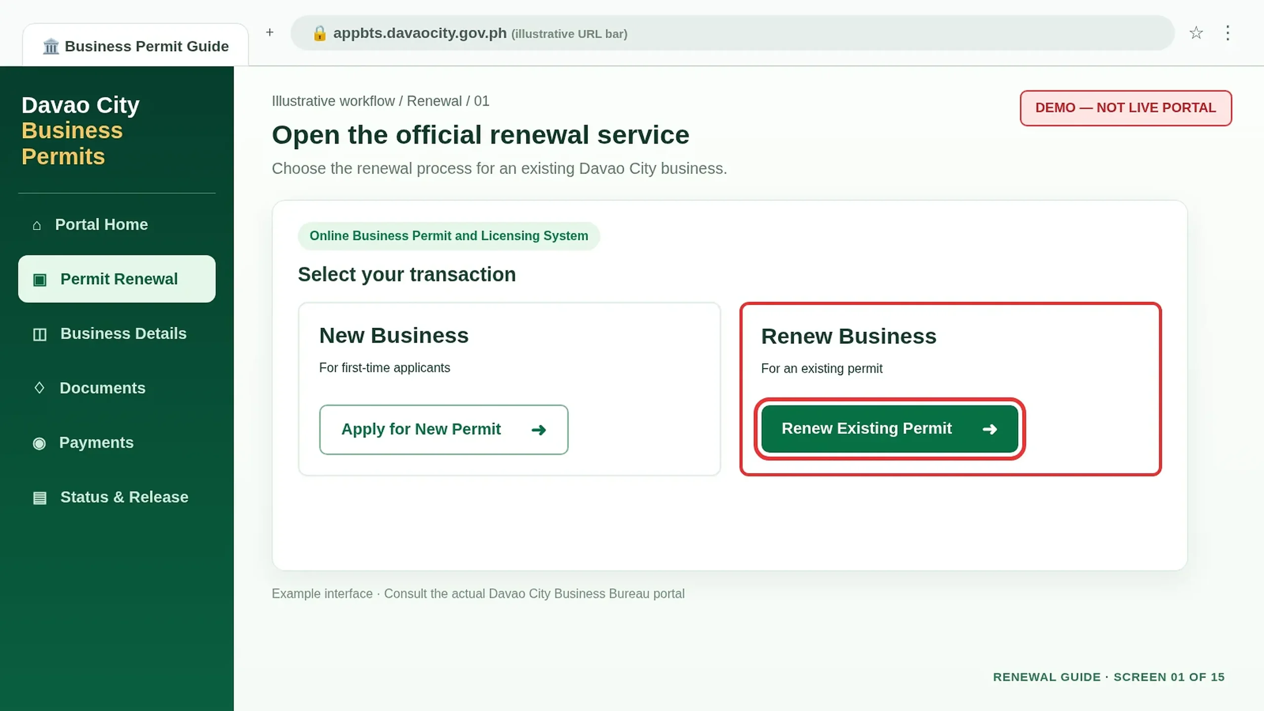 Business permit renewal option screen