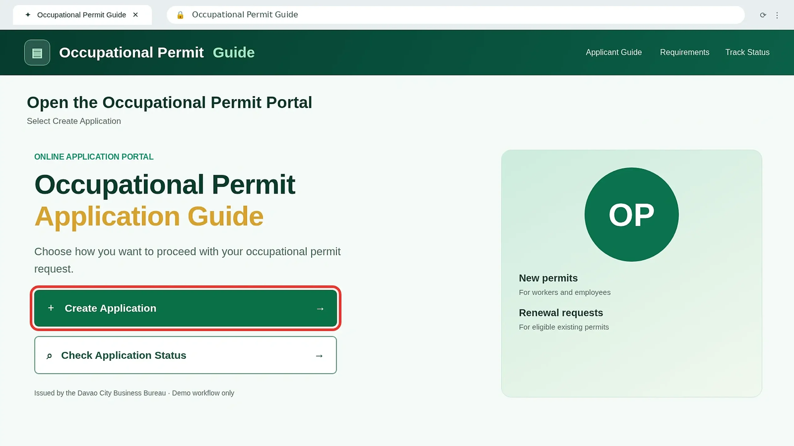 Occupational Permit portal entry screen