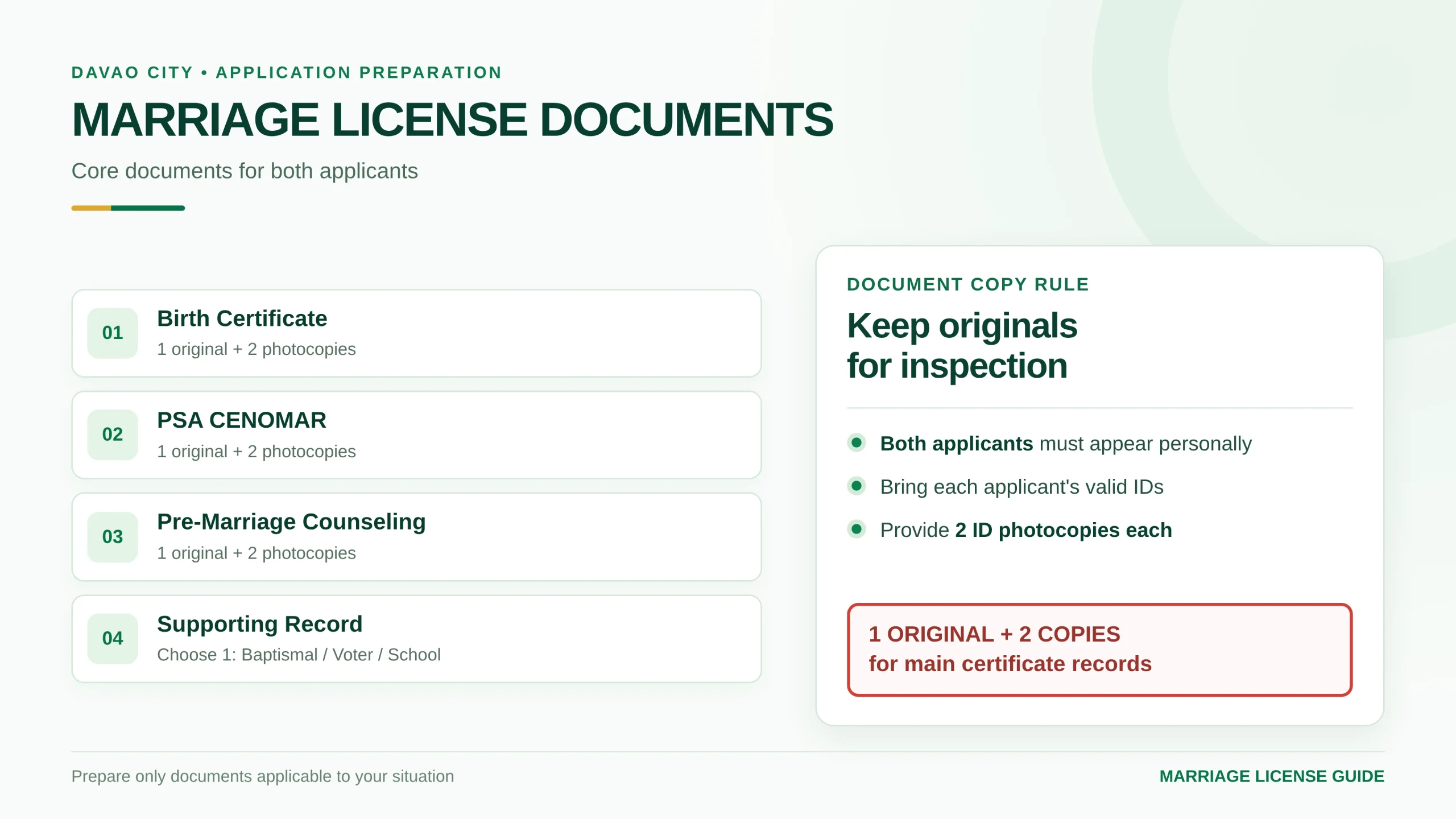 High-resolution marriage license document checklist showing originals and photocopy quantities