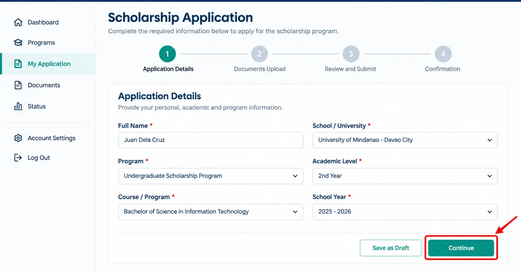 Illustrative scholarship application details form