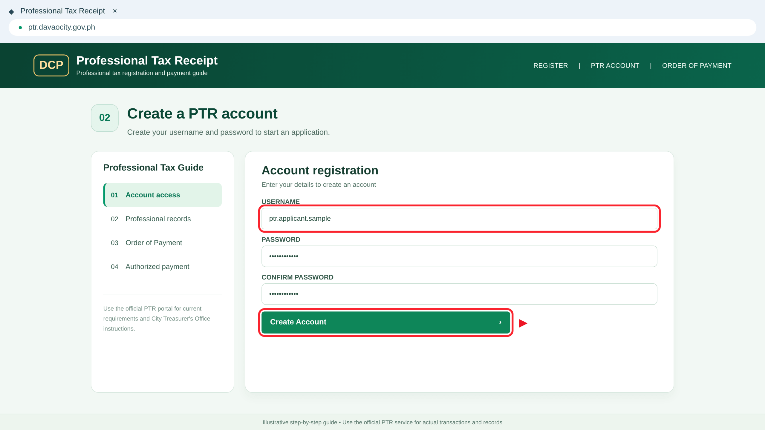 PTR account registration example