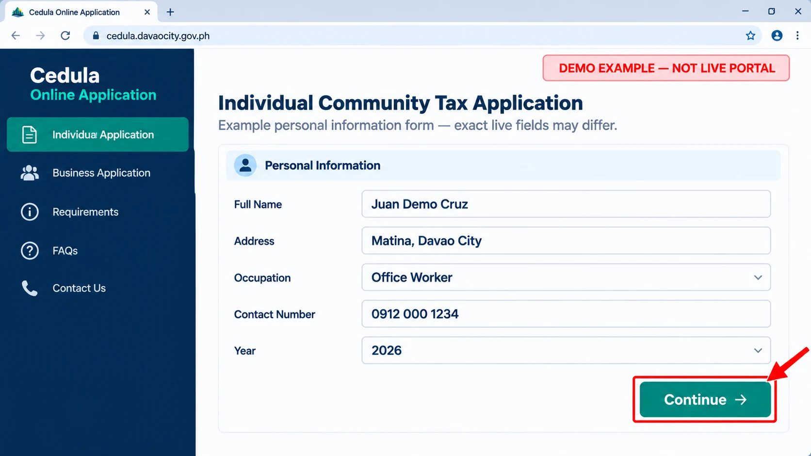 Illustrated individual Cedula application form filled with fictional sample information