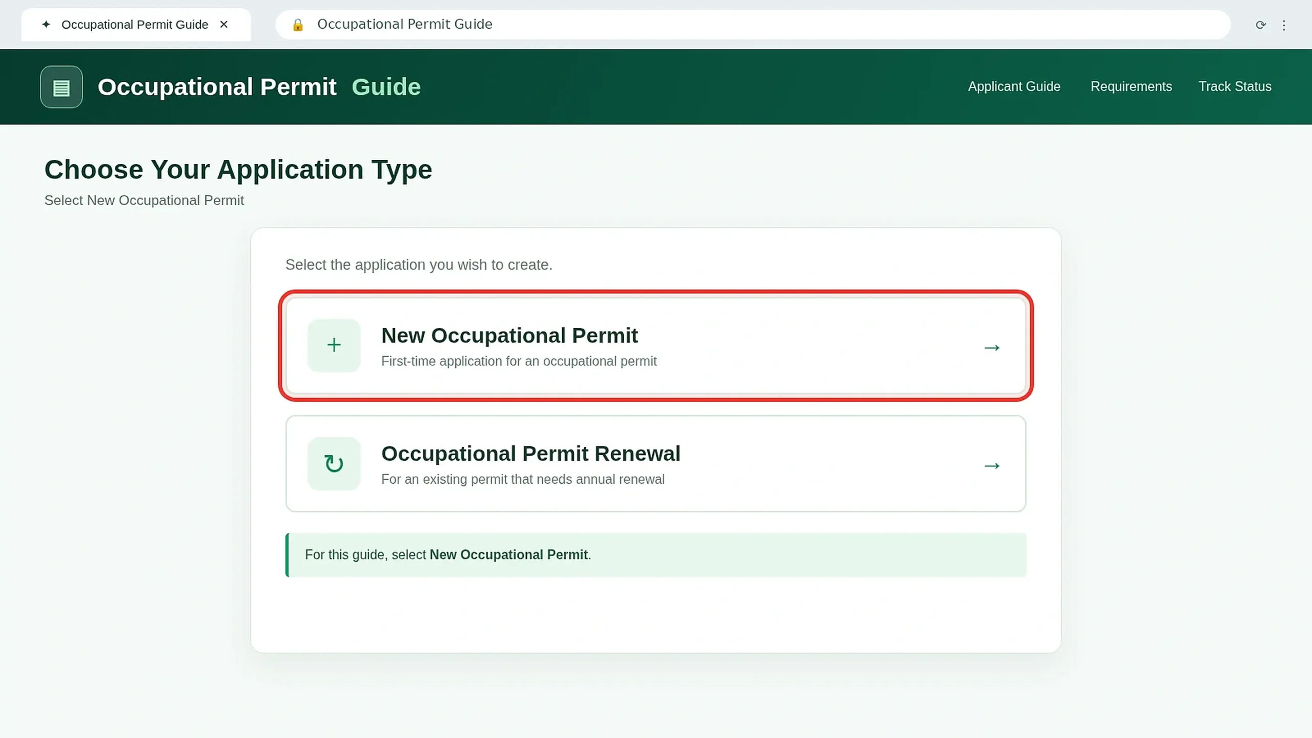 New Occupational Permit selection