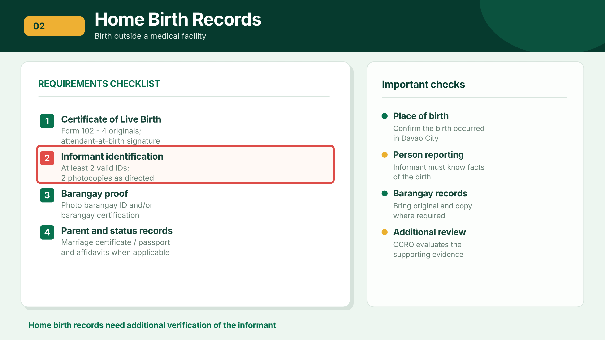 Visual checklist for non-facility birth registration showing informant identification and barangay proof