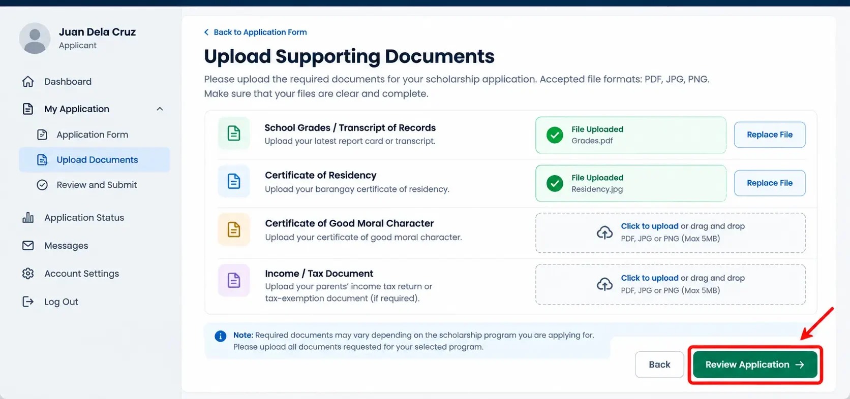 Illustrative document upload screen