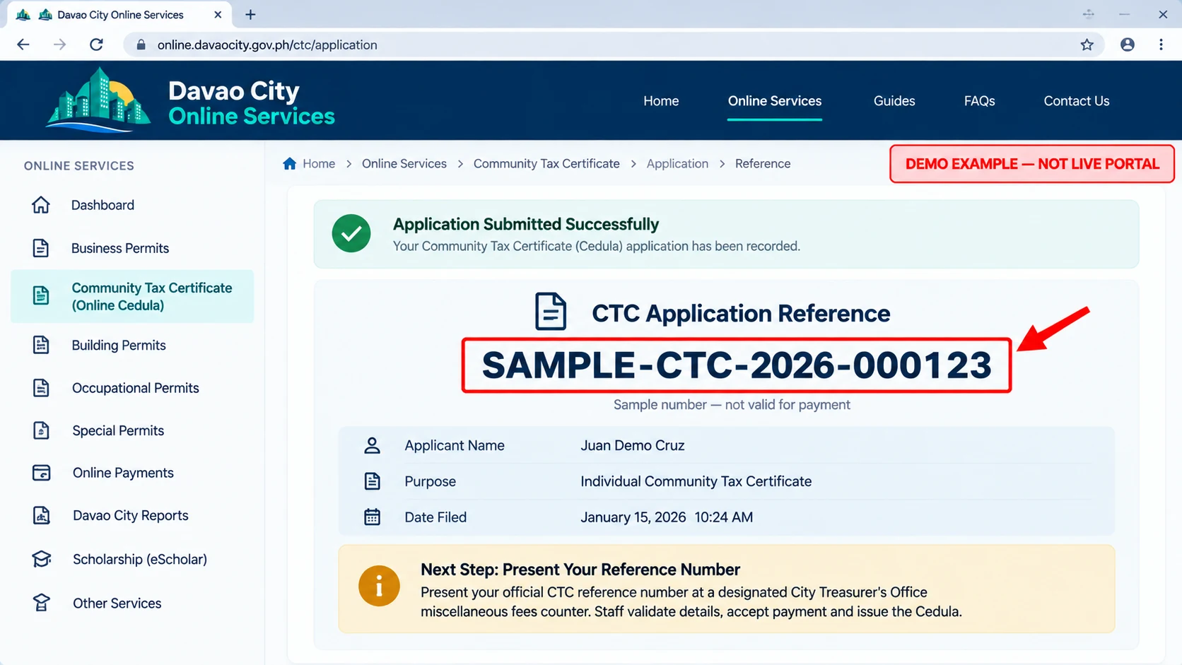 Illustrative Community Tax Certificate reference-number screen with fictional sample reference