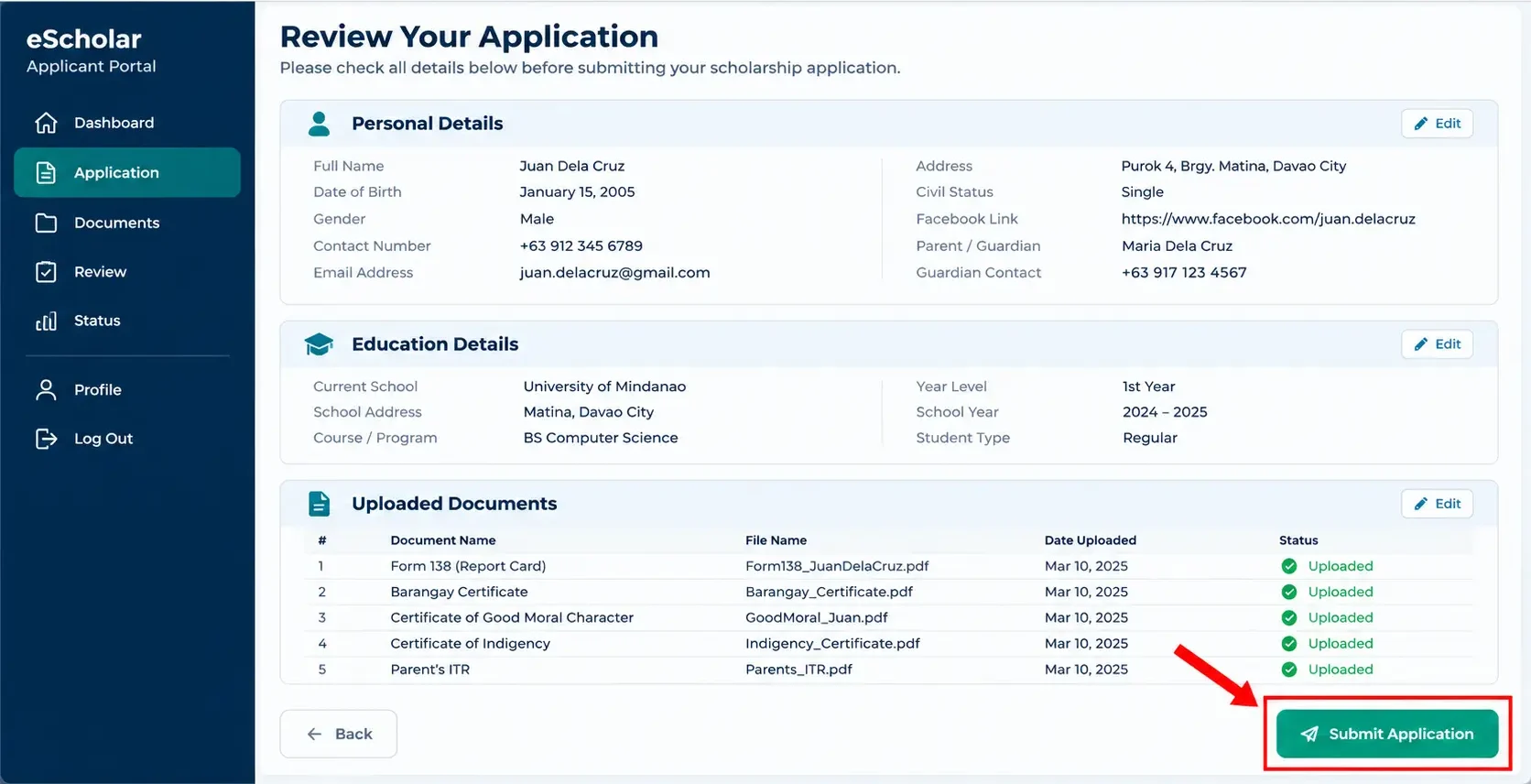 Illustrative application review and submission screen