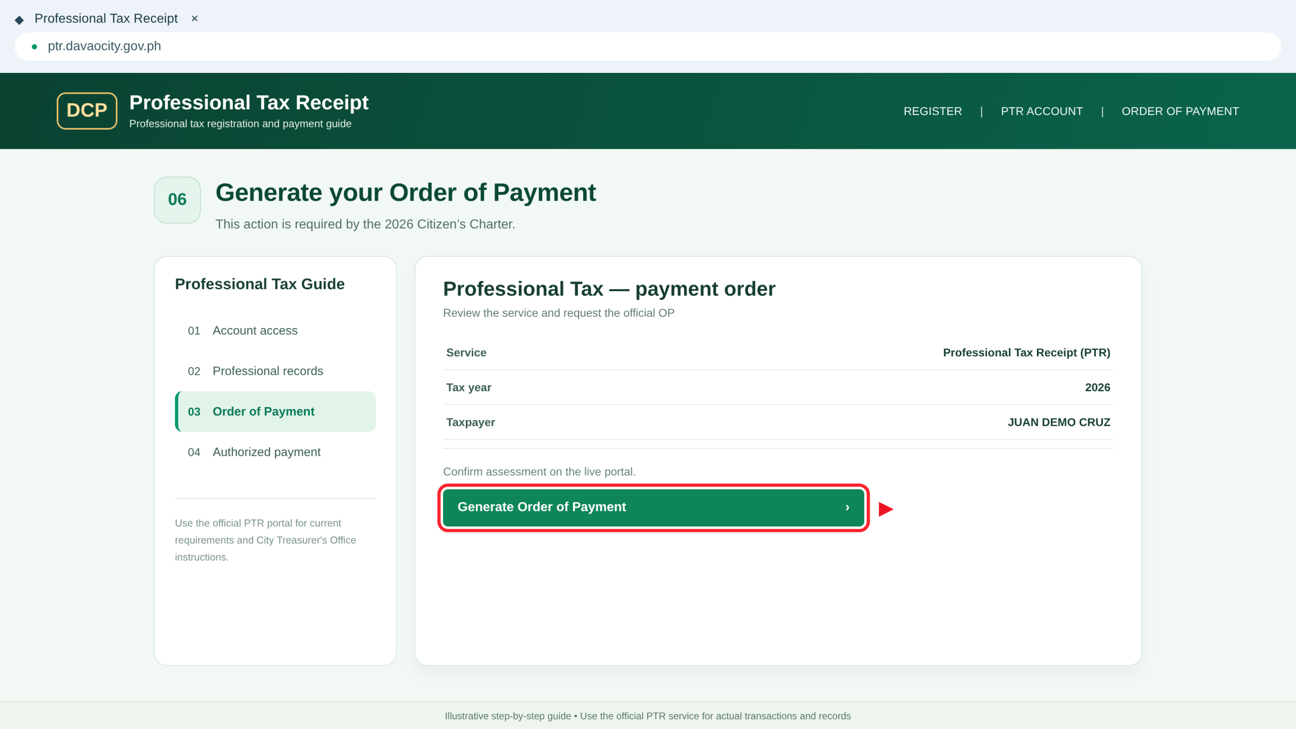 PTR Generate Order of Payment process