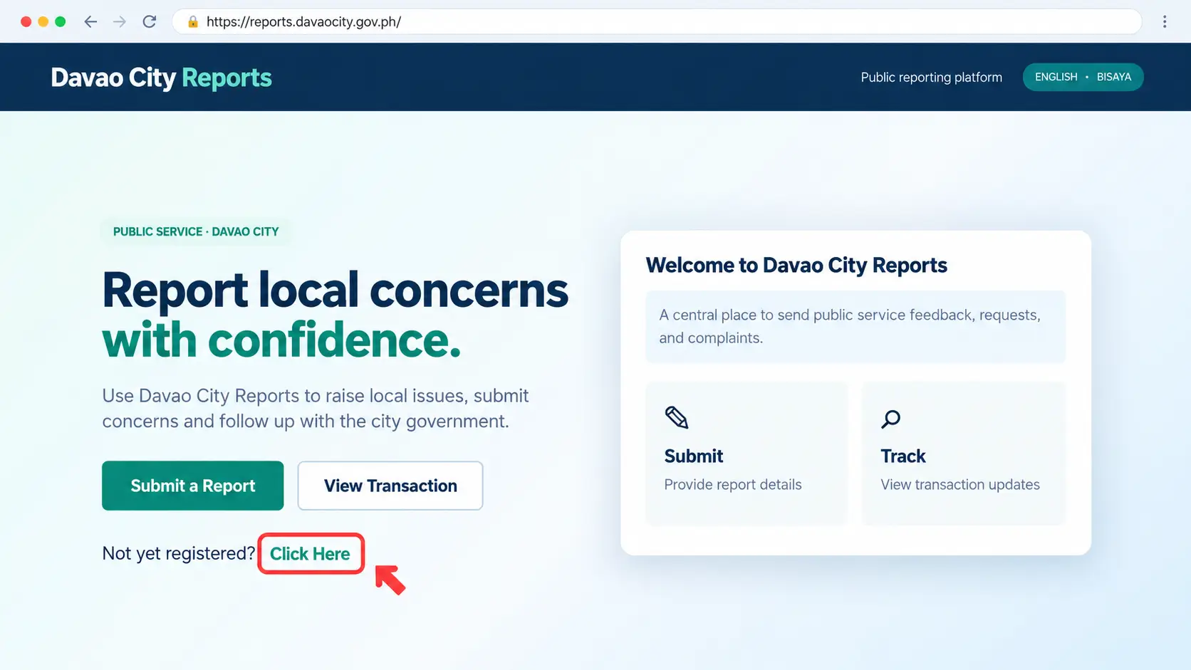 Example Davao City Reports welcome screen showing registration link