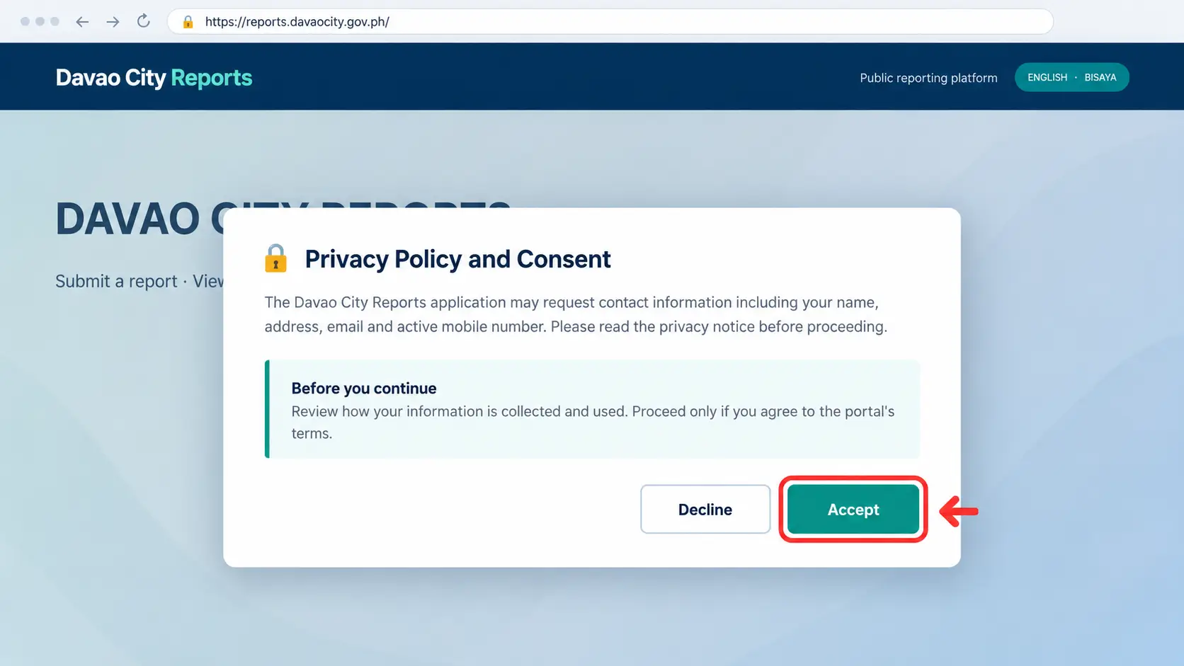 Example privacy notice with Accept button highlighted
