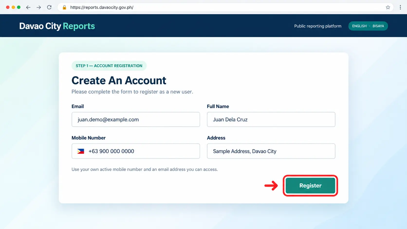 Example registration form with fictional details