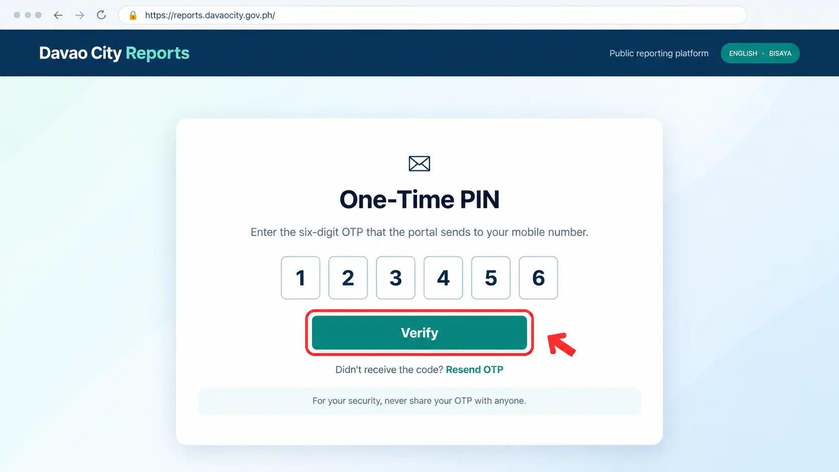 Example six-digit OTP verification screen