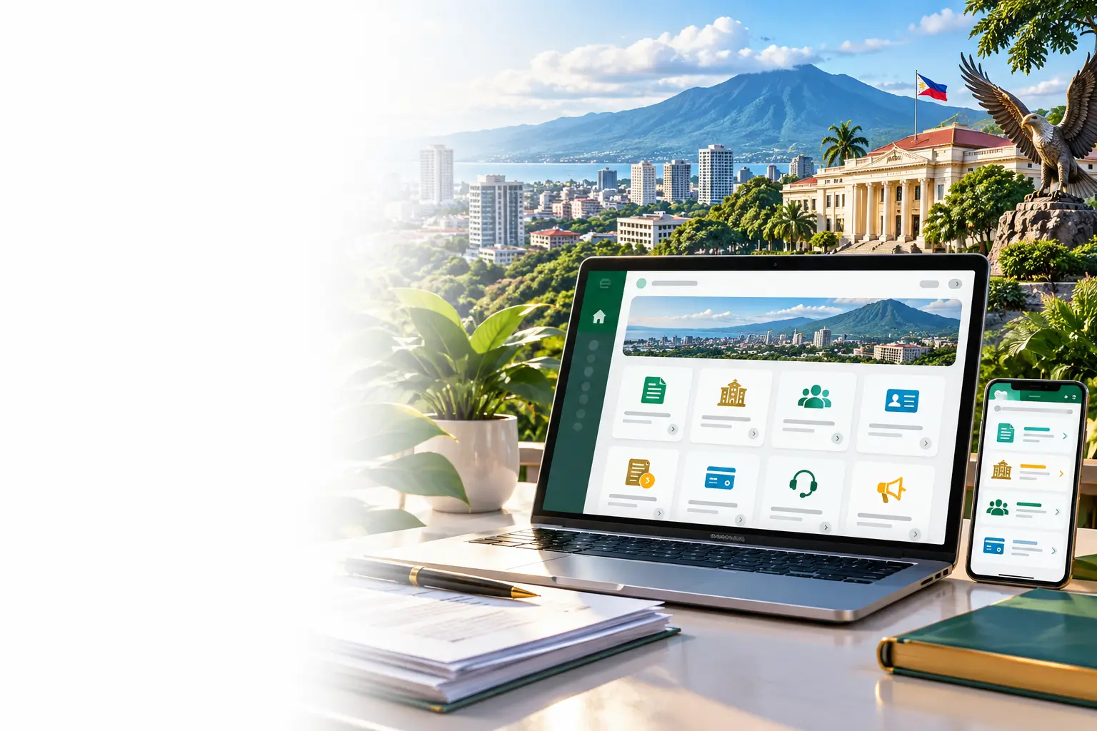 Illustration of Davao City government service guides displayed on a laptop and smartphone