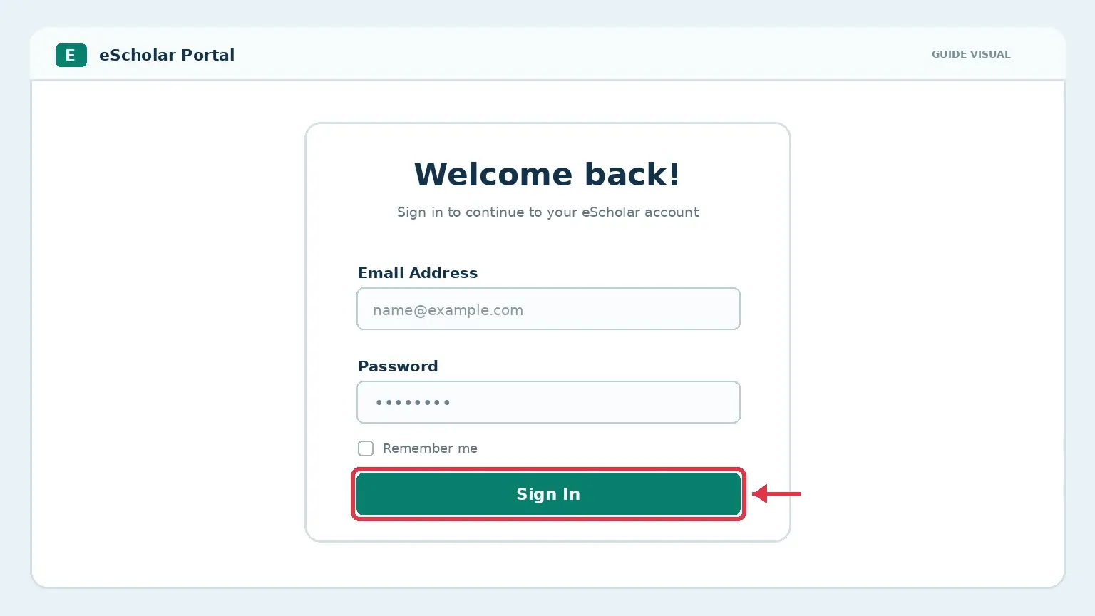 eScholar email, password and Sign In fields