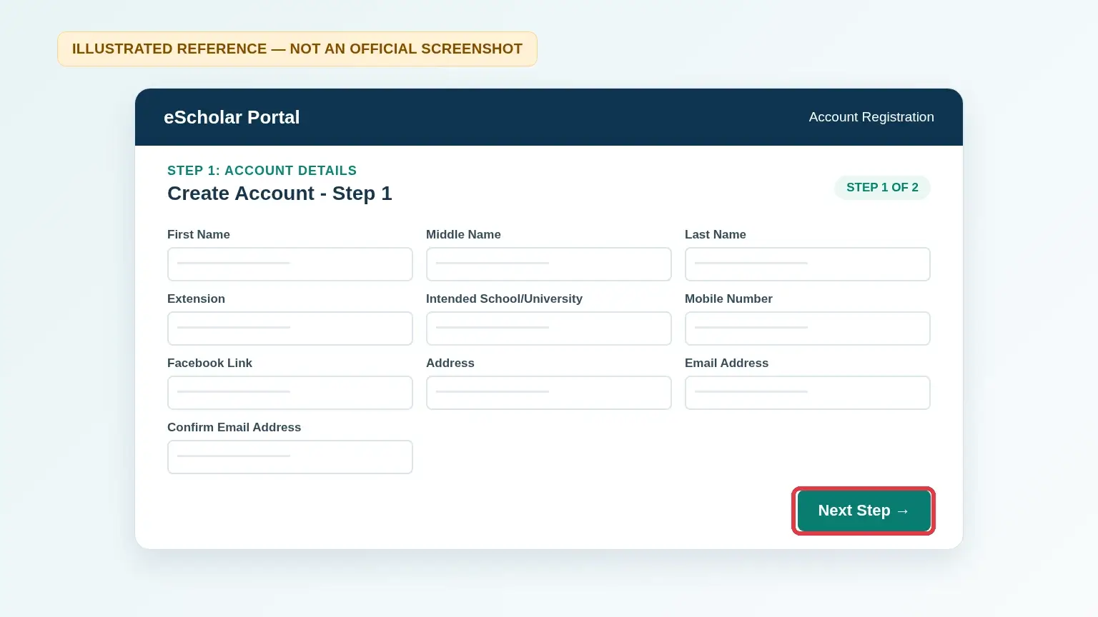 Illustrated eScholar Account Details form with Next Step highlighted in red